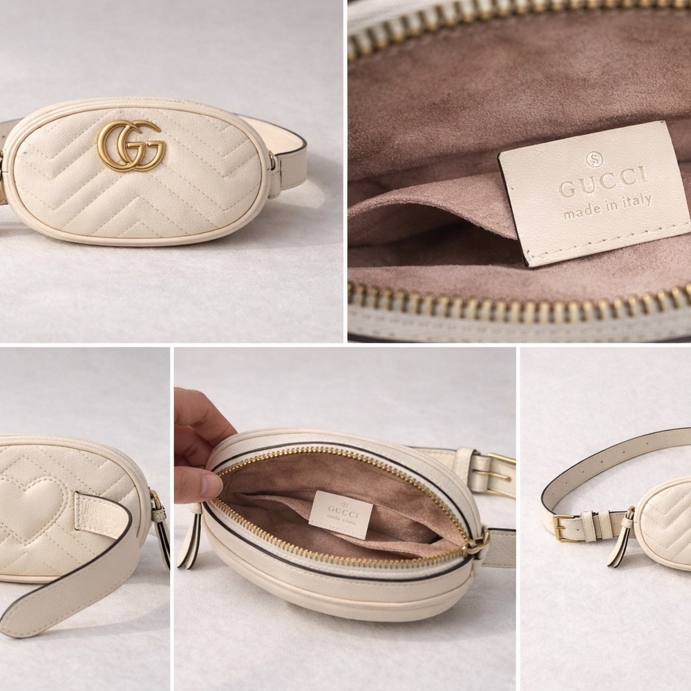 Gucci Cream Matelassé GG Marmont Leather Belt Bag